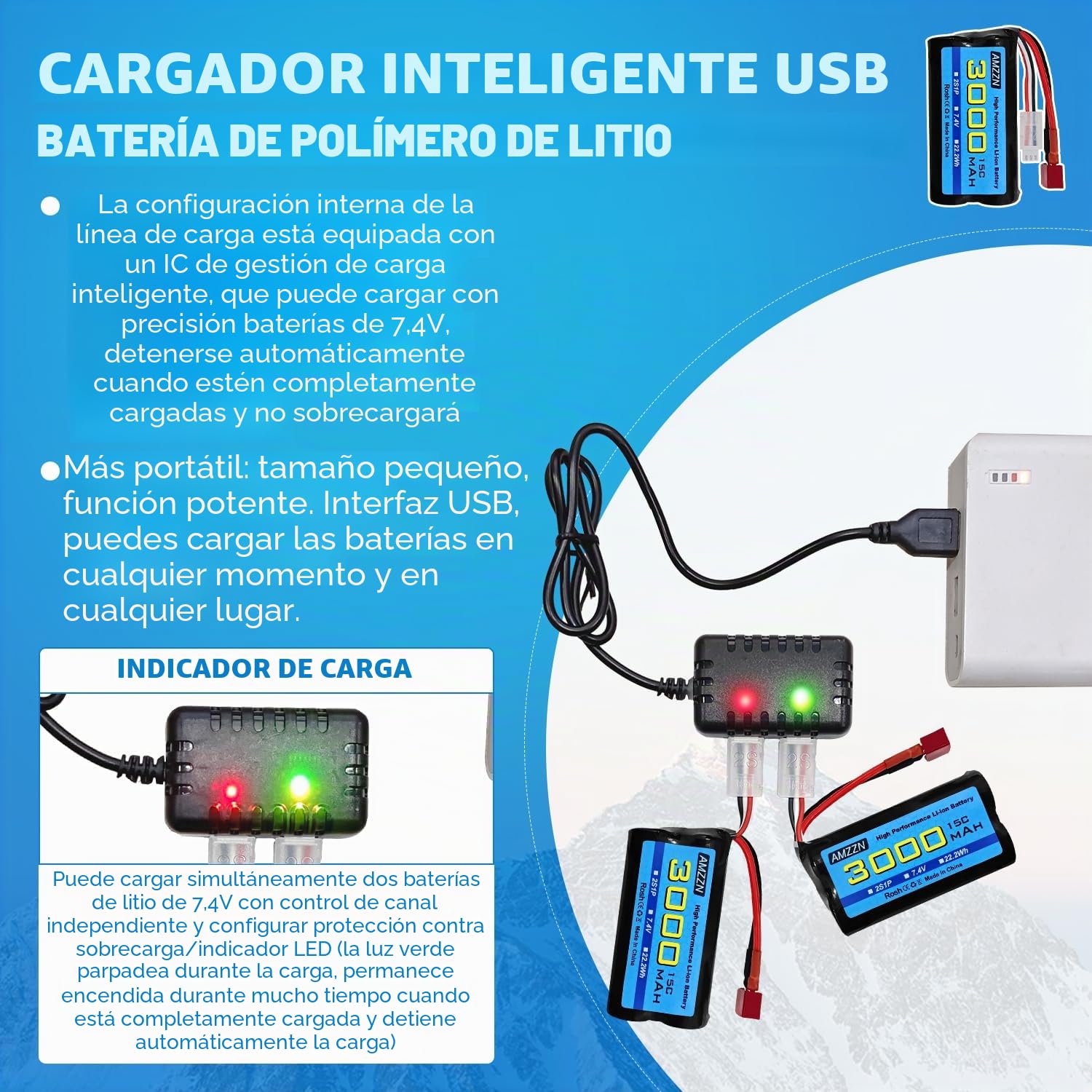 2 baterías de 7,4 V 3000 mAh 15 C 2S en forma de T de iones de litio con cargador 2 en 1 para WLtoys 12423 MJX 14301 14303 14302 H16PL RC coche, camión RC a escala 1/10, 1/12, 1/16