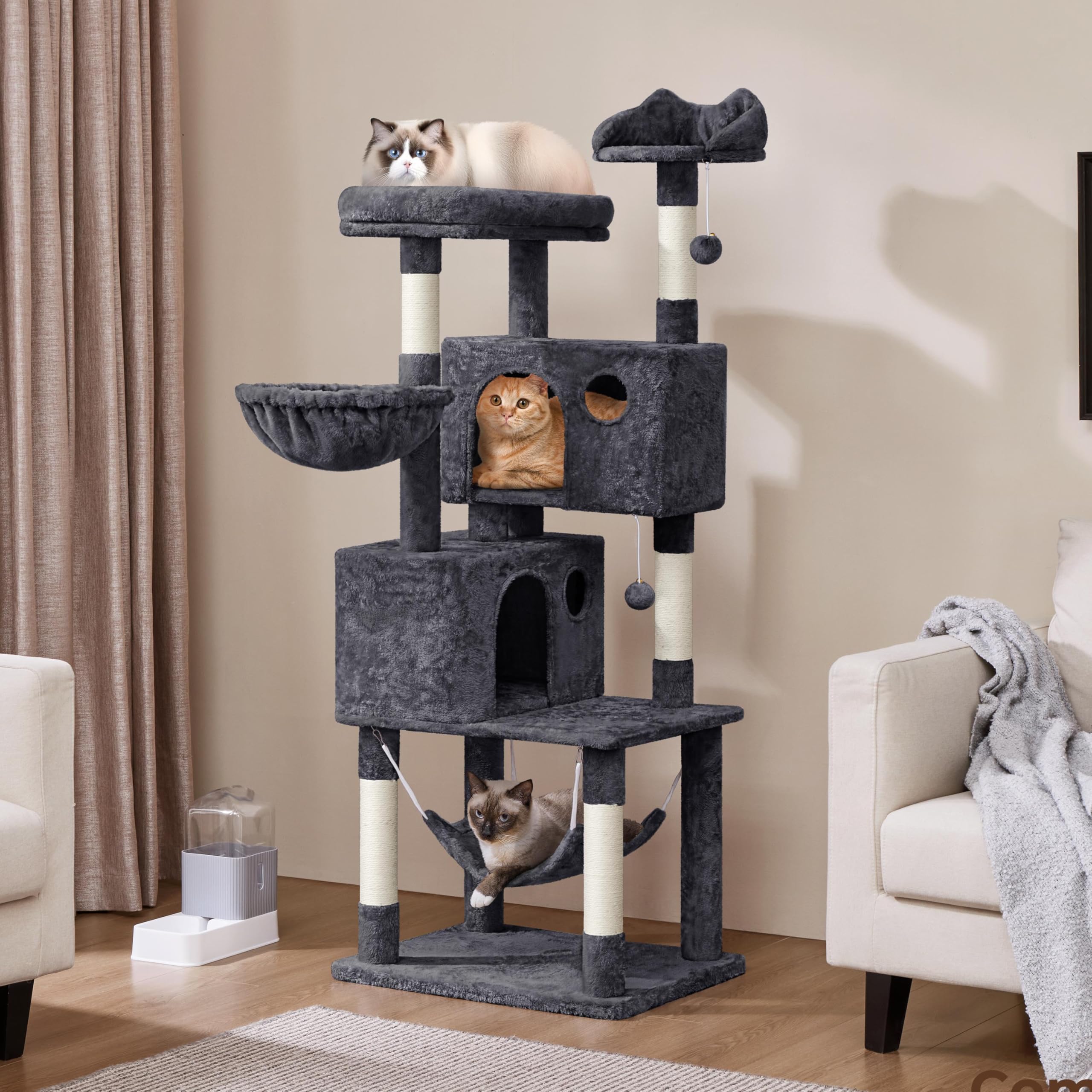 Yaheetech 64.5in Extra Large Multi-Level Cat Tree Kittens Play House Condo with Platform, Perch Hammock & Scratching Posts, Dark Gray