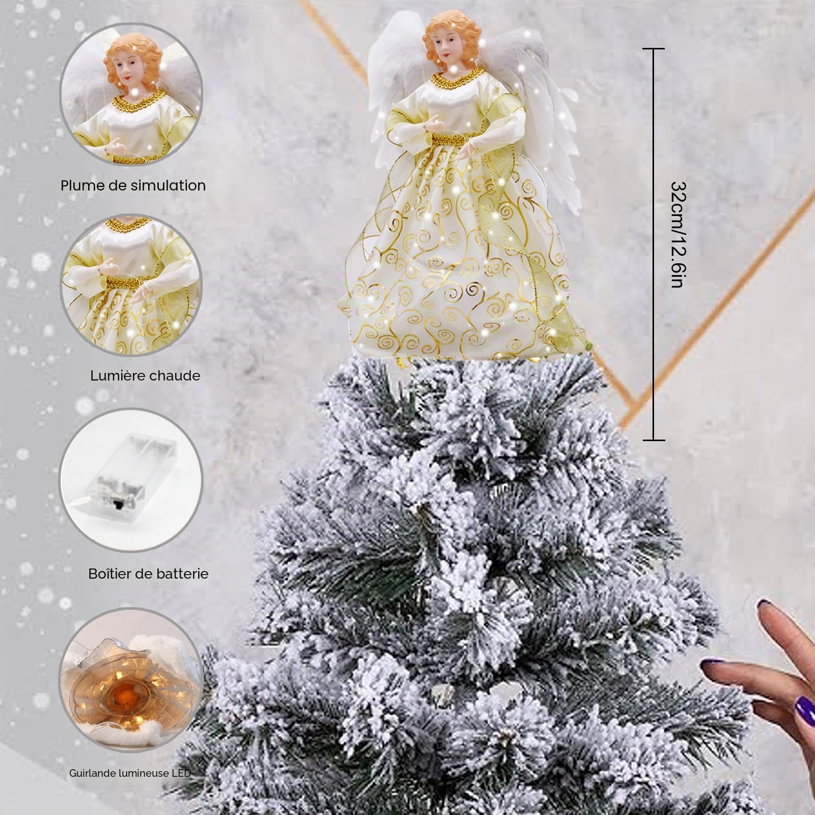 Décoration de sapin de Noël en tissu avec ange lumineux de 32 cm pour sommet du sapin de Noël, décoration de fête pour la maison (04)