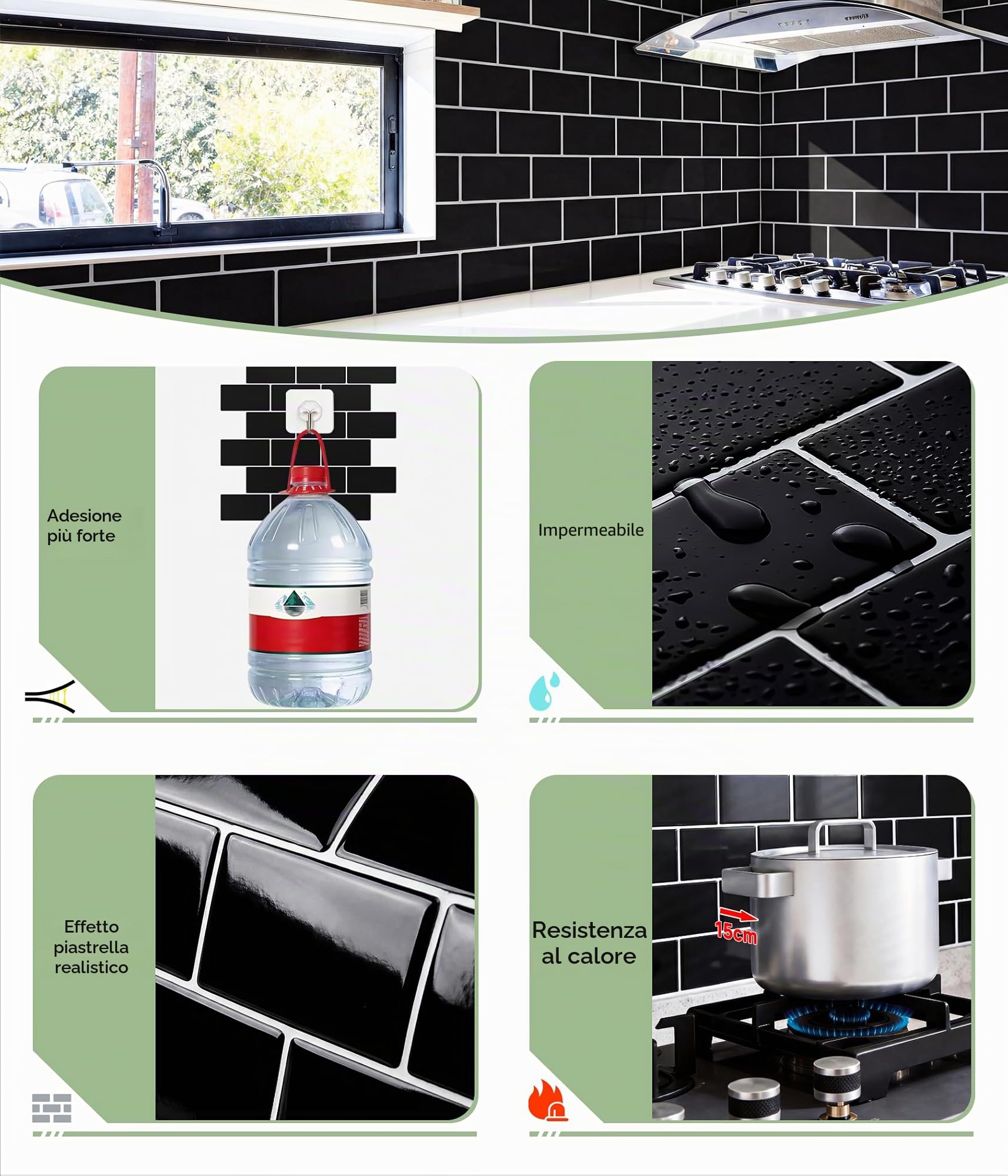 Yoillione Piastrelle Adesive Cucina, Nero Paraschizzi Cucina Mattonelle Adesive Bagno, Mattonelle Decorative 3D per Parete, 30x30 cm, 10 Pezzi
