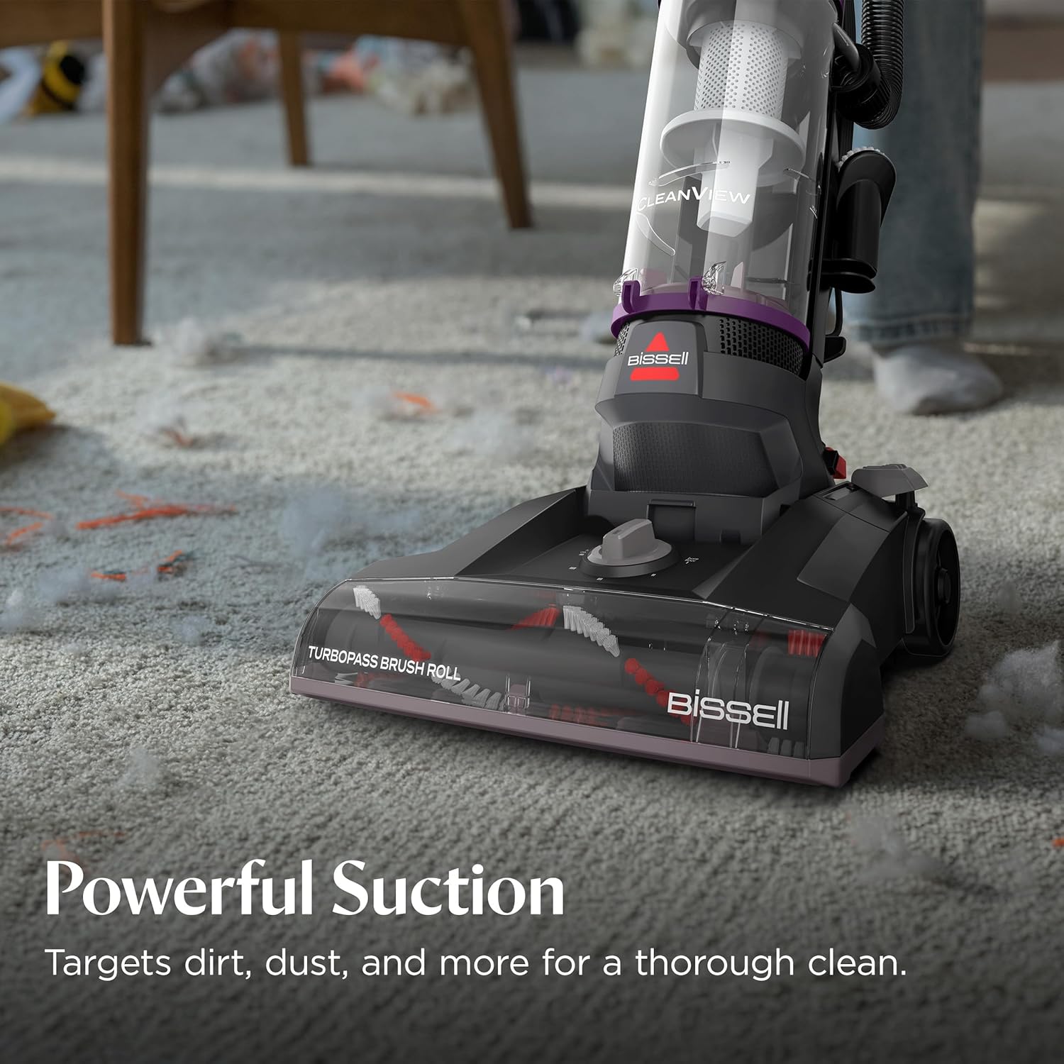 bissell cleanview upright vacuum with pet hair brush roll, powerful suction, pet hair tools, large dirt container, 4438