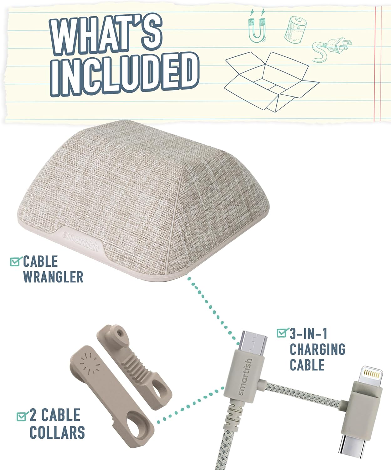 Smartish Cable Holder and Charger Combo - Cable Wrangler Organizer with 3-in-1 Universal Charging Cable - Lightly Toasted Beige