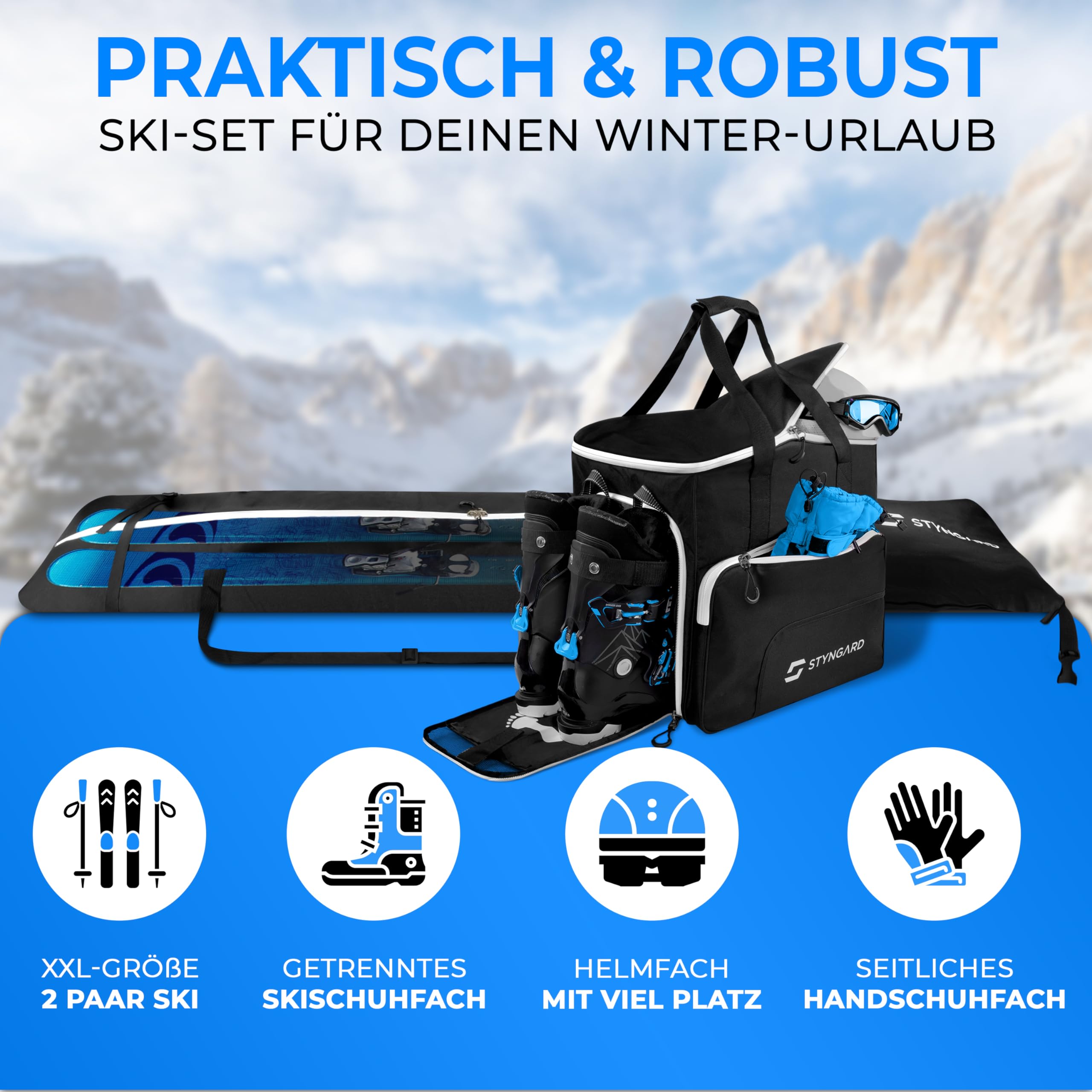 Housse Chaussures De Ski Kit 4 Sacs STYNGARD Salzburg - Sac Ski Rolltop 200cm Sac Chaussures Avec P 723643