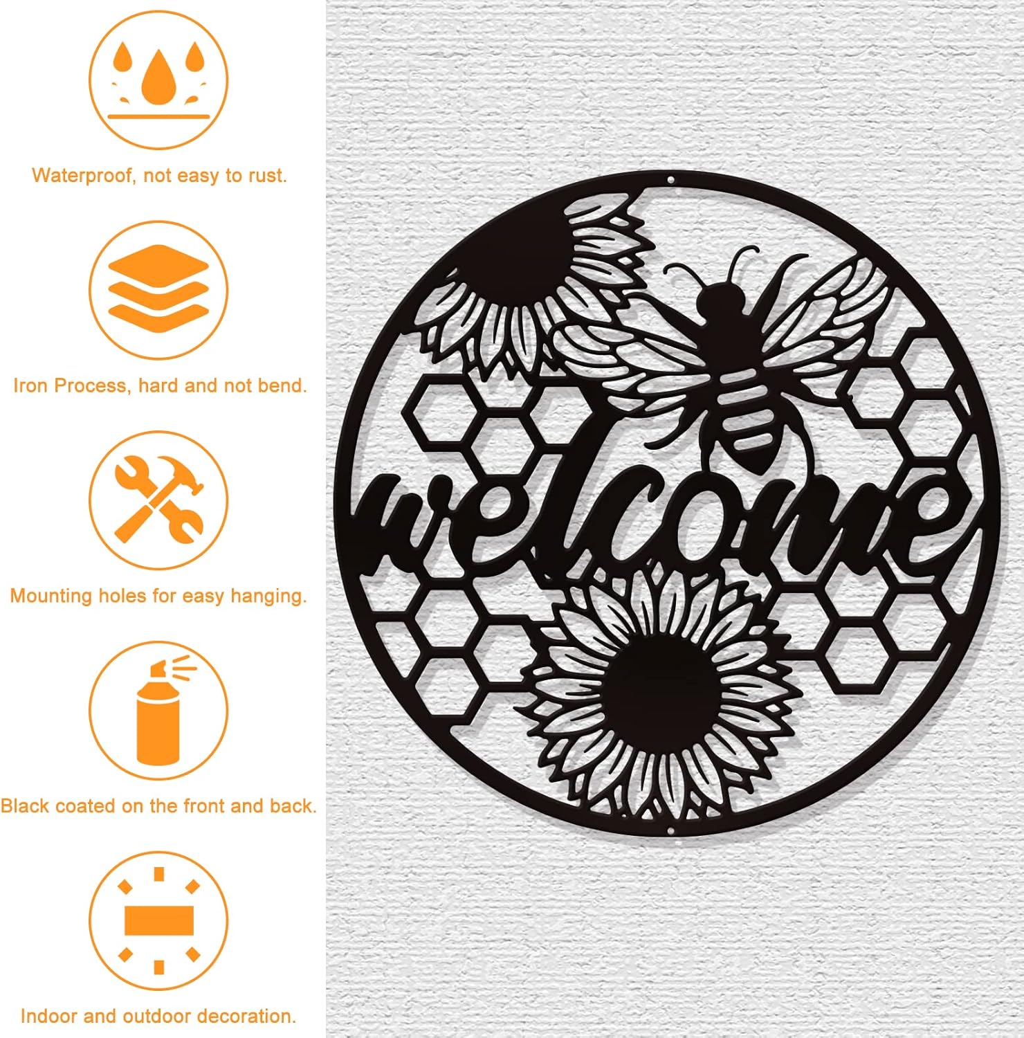 NBEADS Bee Welcome Metal Wall Art Decor, Black Wall Hanging Decor Iron Silhouette Wall Art for Home Bedroom Living Room Garden Hotel Office Wall Christmas Festival Decoration Gift, 11.8 Inch
