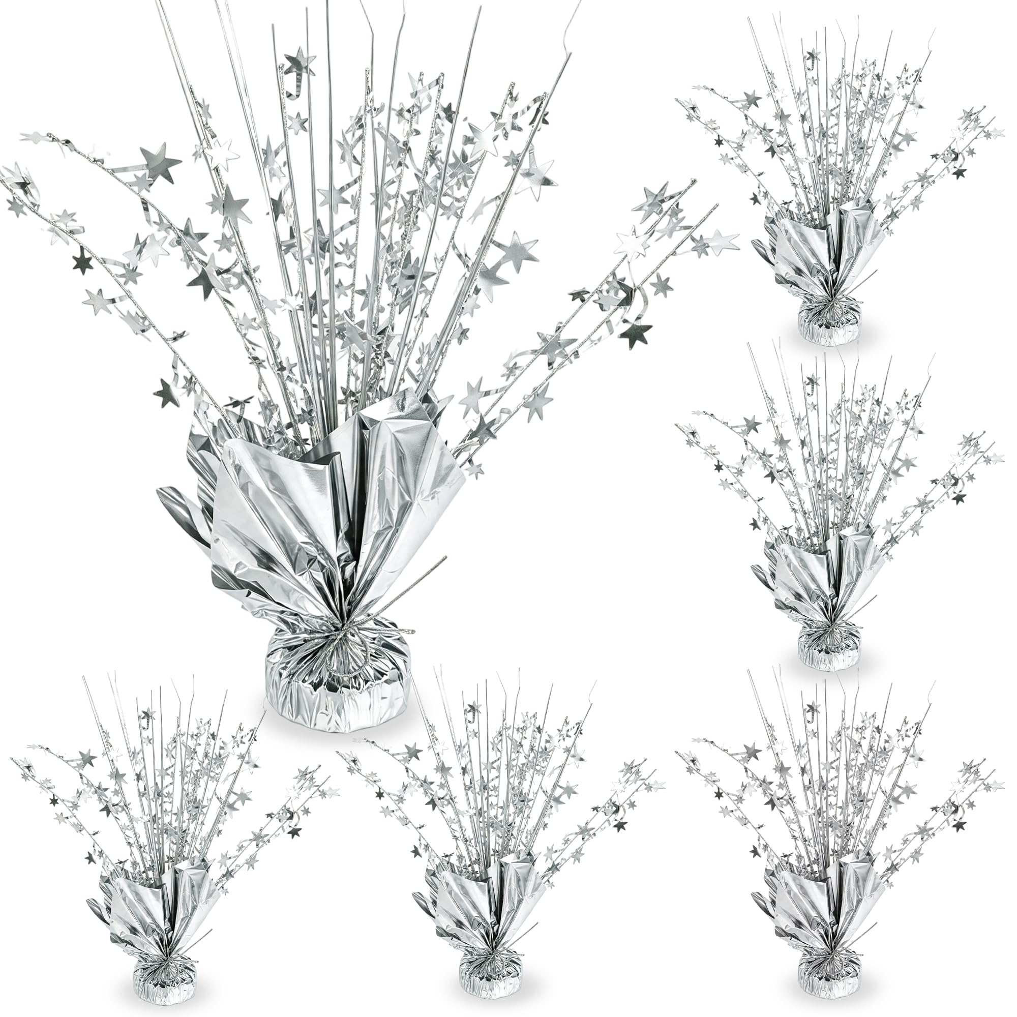 6 Pack Metallic Foil Spray Centerpiece, Silver Star Foil Spray Table Decorations Burst Table Centerpieces Party Table Decor for Birthday Wedding Anniversary Graduation