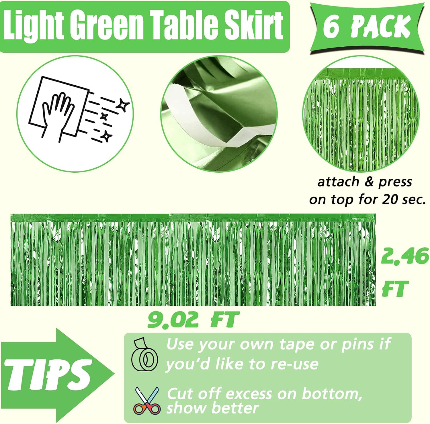 6 Pack 29x108 Inch Light Green Metallic Foil Fringe Table Skirts Banner for Tinsel Streamer Garland Curtains Backdrop for Parade Floats Baby Shower Birthday Christmas Halloween Party Decoration