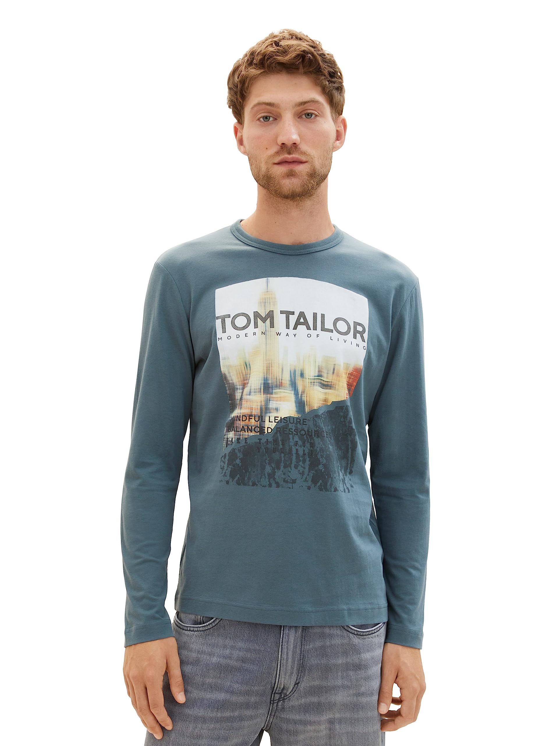 Tom Tailor Men's 32506-Dusty Dark Teal Long-Sleeved Shirt With Photo Print Made Of Cotton, Xxl