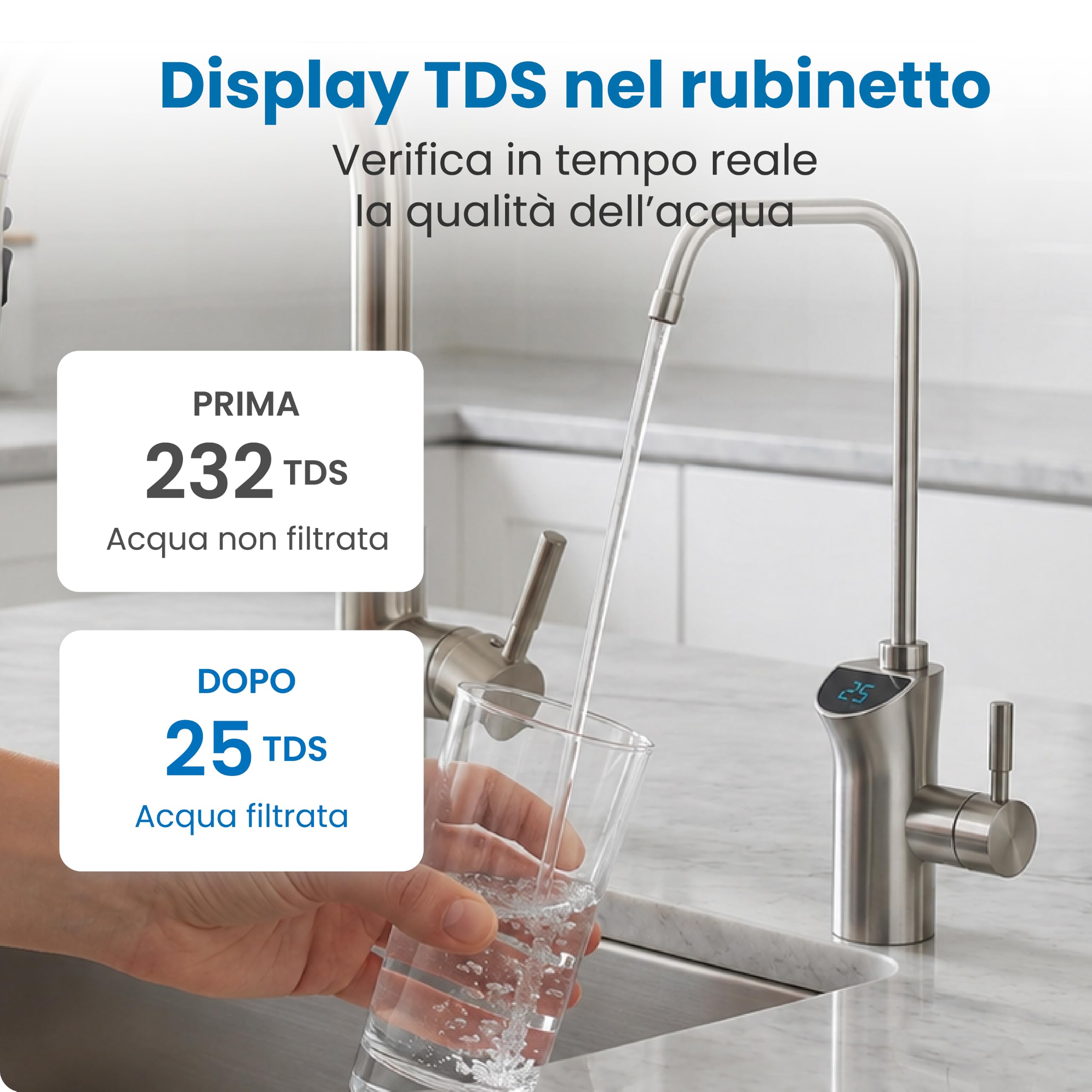 SmartWater Digital, depuratore acqua domestico a osmosi inversa e microfiltrazione con rubinetto digitale TDS, sistema sottolavello compatto