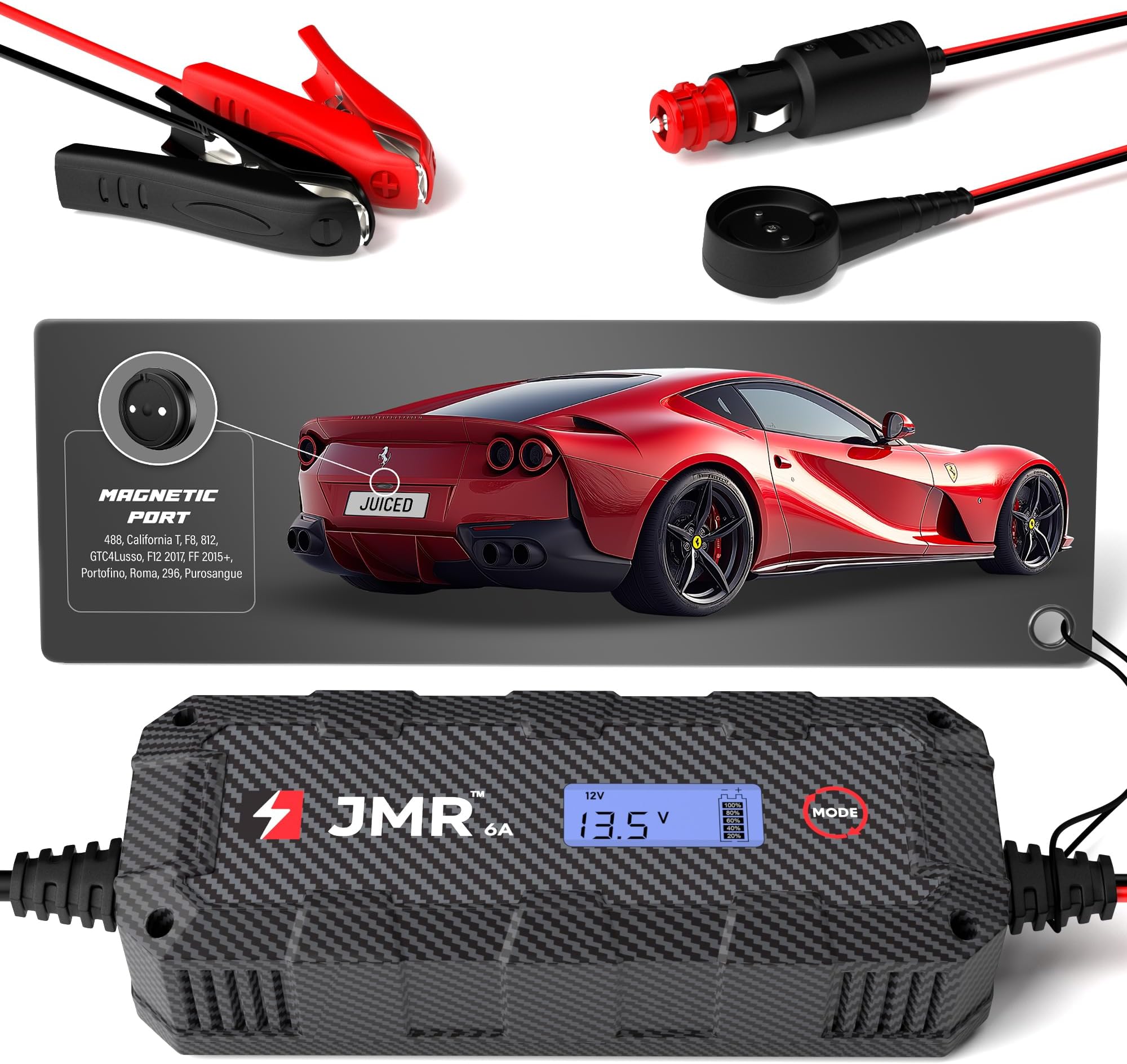 JMR Battery Charger for Ferrari 488 F8 California T Portofino 812 Roma GTC4Lusso FF F12 Purosangue 12Cilindri Trickle Charger Conditioner Maintainer (Magnetic Port, UK Plug, No Lithium Mode)