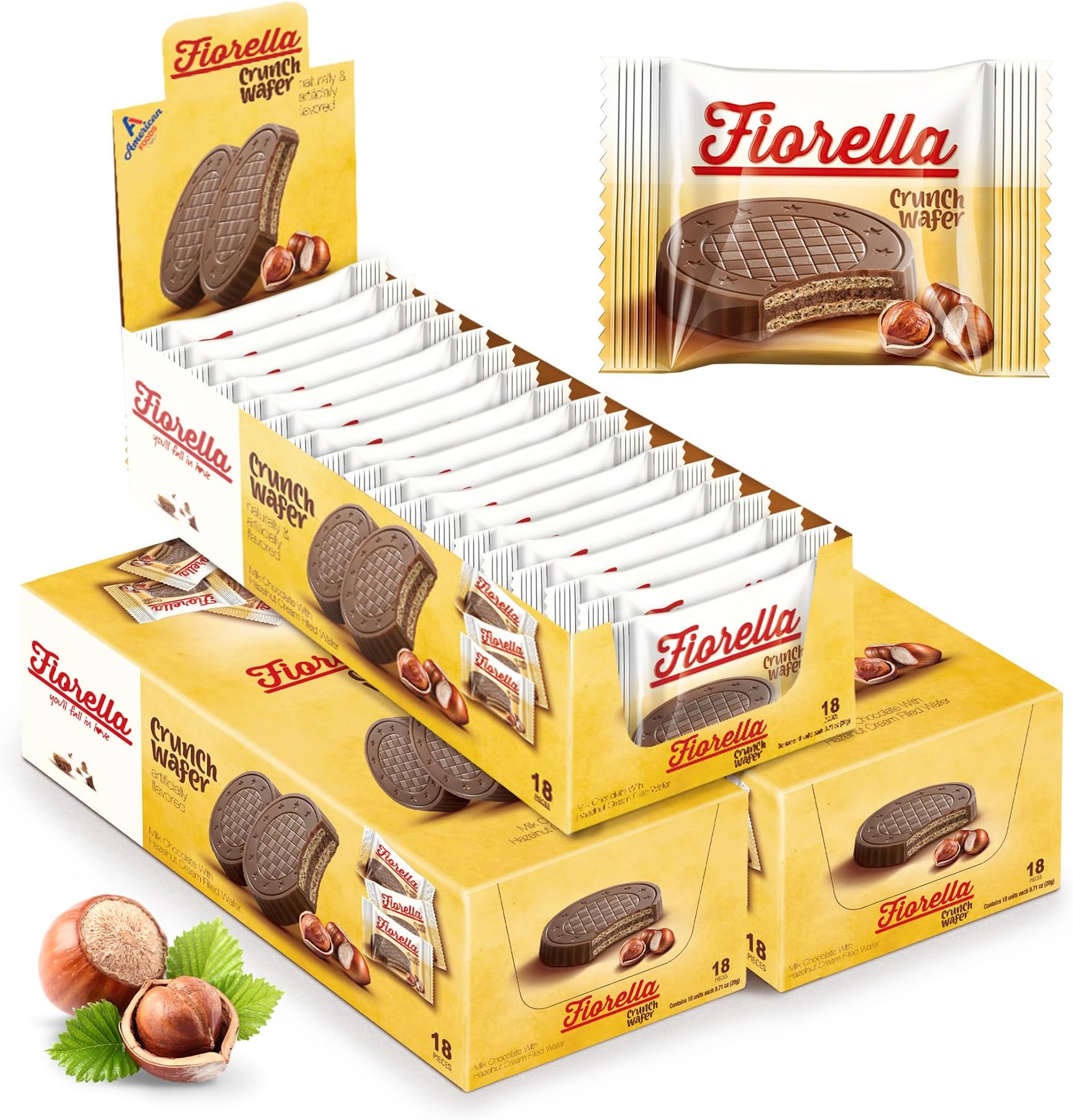 Crunch Wafer Cookies, Milk Chocolate Covered Crispy Thin Crunch Wafers with Hazelnut Cream Filling, Chocolate Biscuits, 18 Individually Wrapped Snacks, Pack of 3