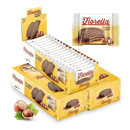 Fiorella Galletas de obleas crujientes, cubiertas de chocolate con leche, obleas crujientes finas y crujientes con relleno de crema de avellana,