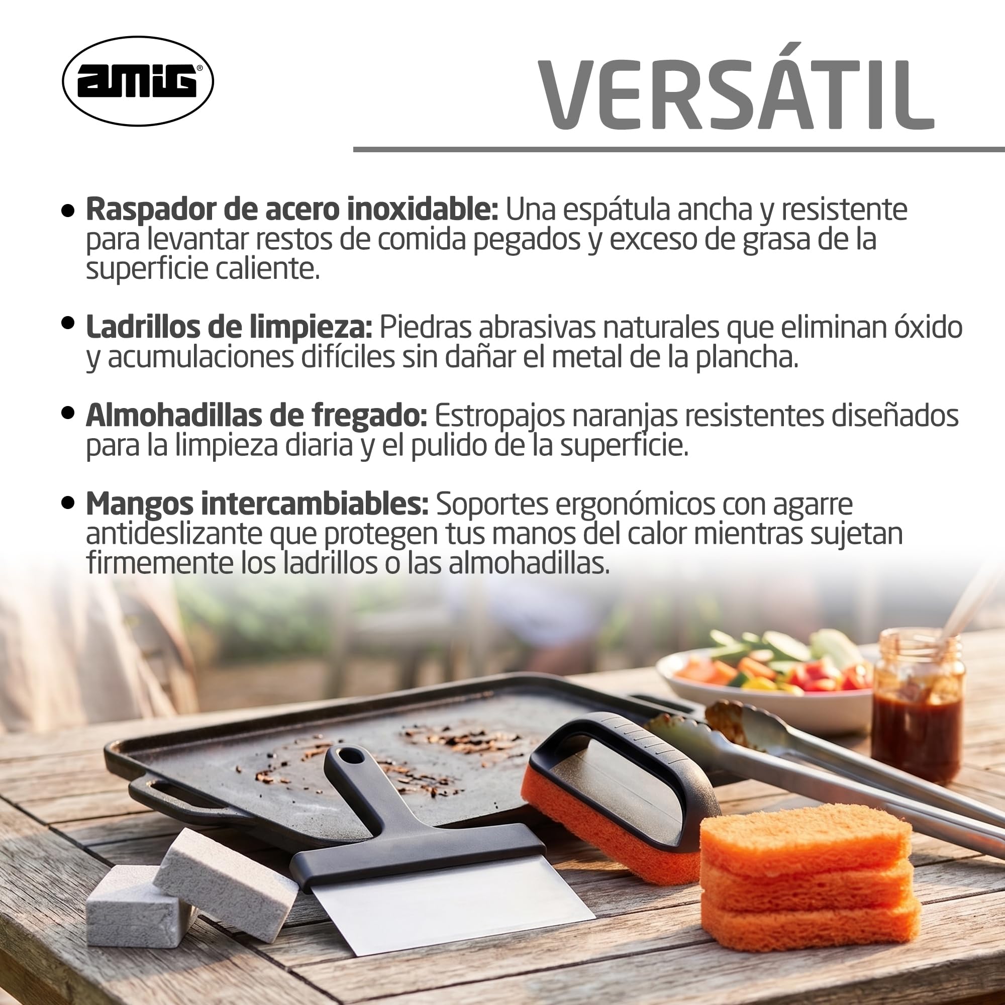 Amig - Kit 8 accessori pulizia barbecue AM22 - Raschietto 23 cm + 3 spugne in poliestere + 1 spugna in PP + 3 blocchi pulizia - Acciaio inox e polipropilene