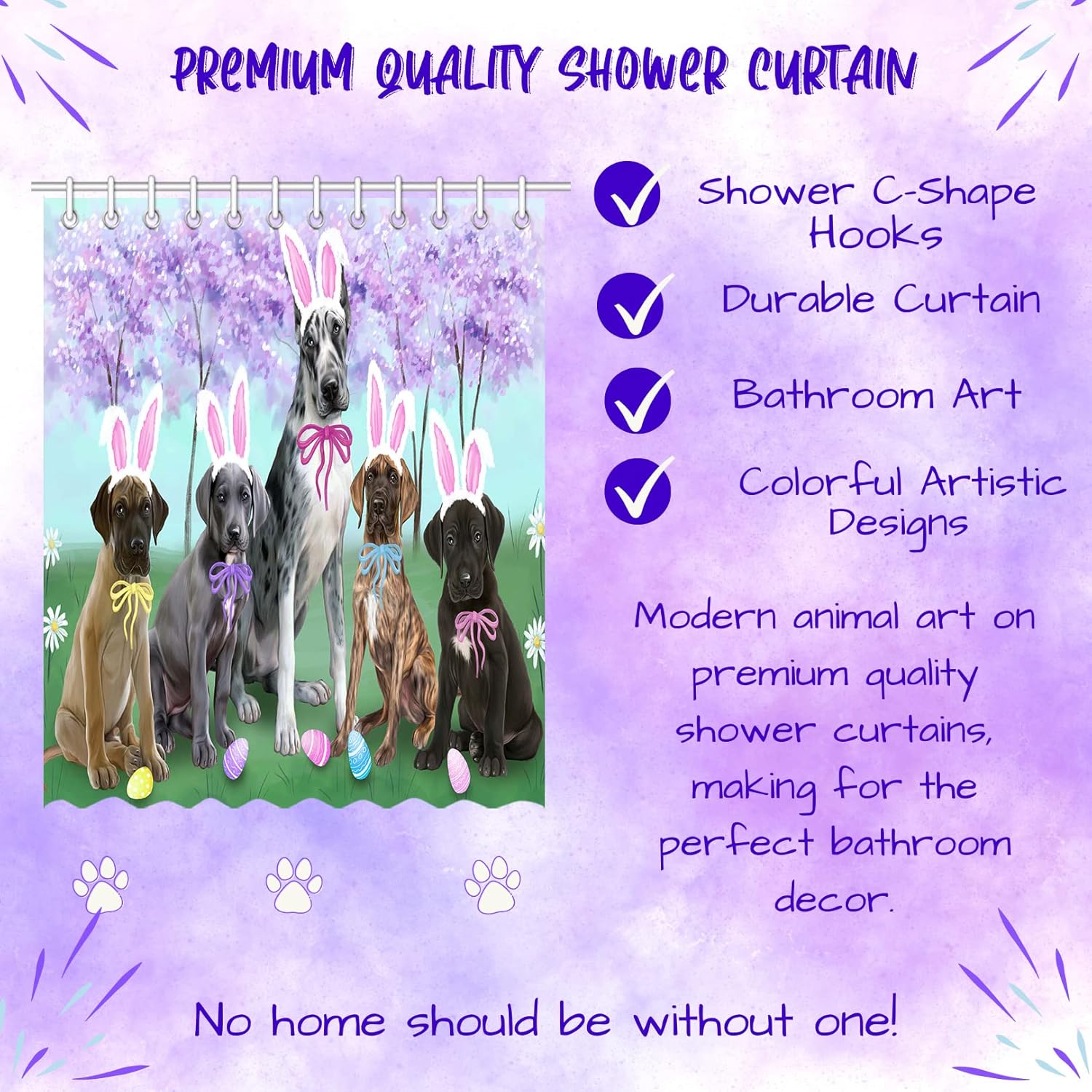 Easter Holiday Great Dane Dogs Shower Curtain - Waterproof Polyester One-Side Printing Pet Bathtub Curtain Decor Curtain for Bathroom with Hooks, (69"x84")
