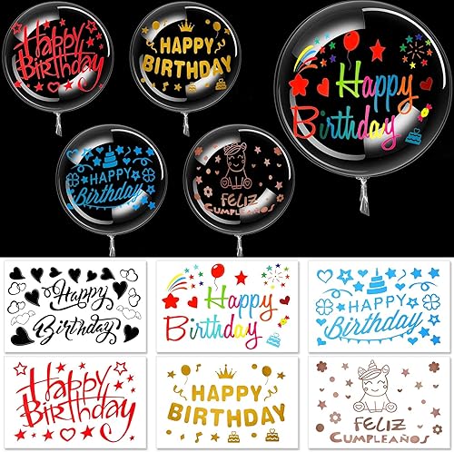 Kasyat El juego de 36 globos de cumpleaños Bobo incluye 12 calcomanías de feliz cumpleaños y 24 globos transparentes de burbujas para boda, baby