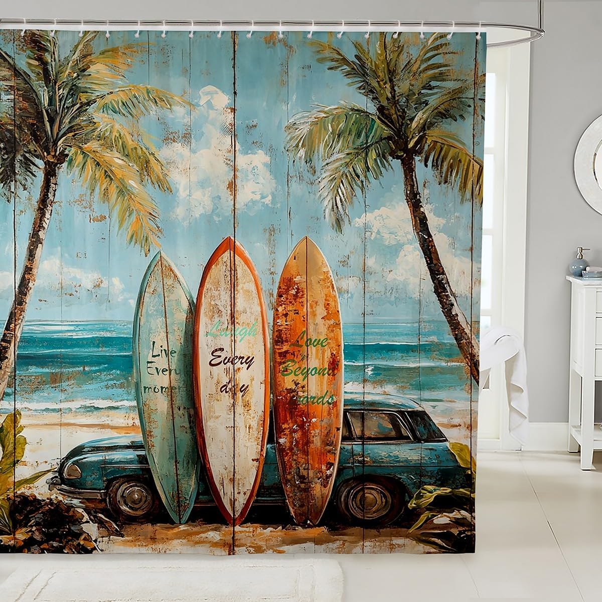 jejeloiu Retro Surfboard Shower Curtain for Bathroom Decor 72"x78" Kids Beach Palm Tree Bath Curtain for Boys Girls Teens Surfing Bathroom Accessories Coastal Car Waterproof Fabric,12 Hooks Suits