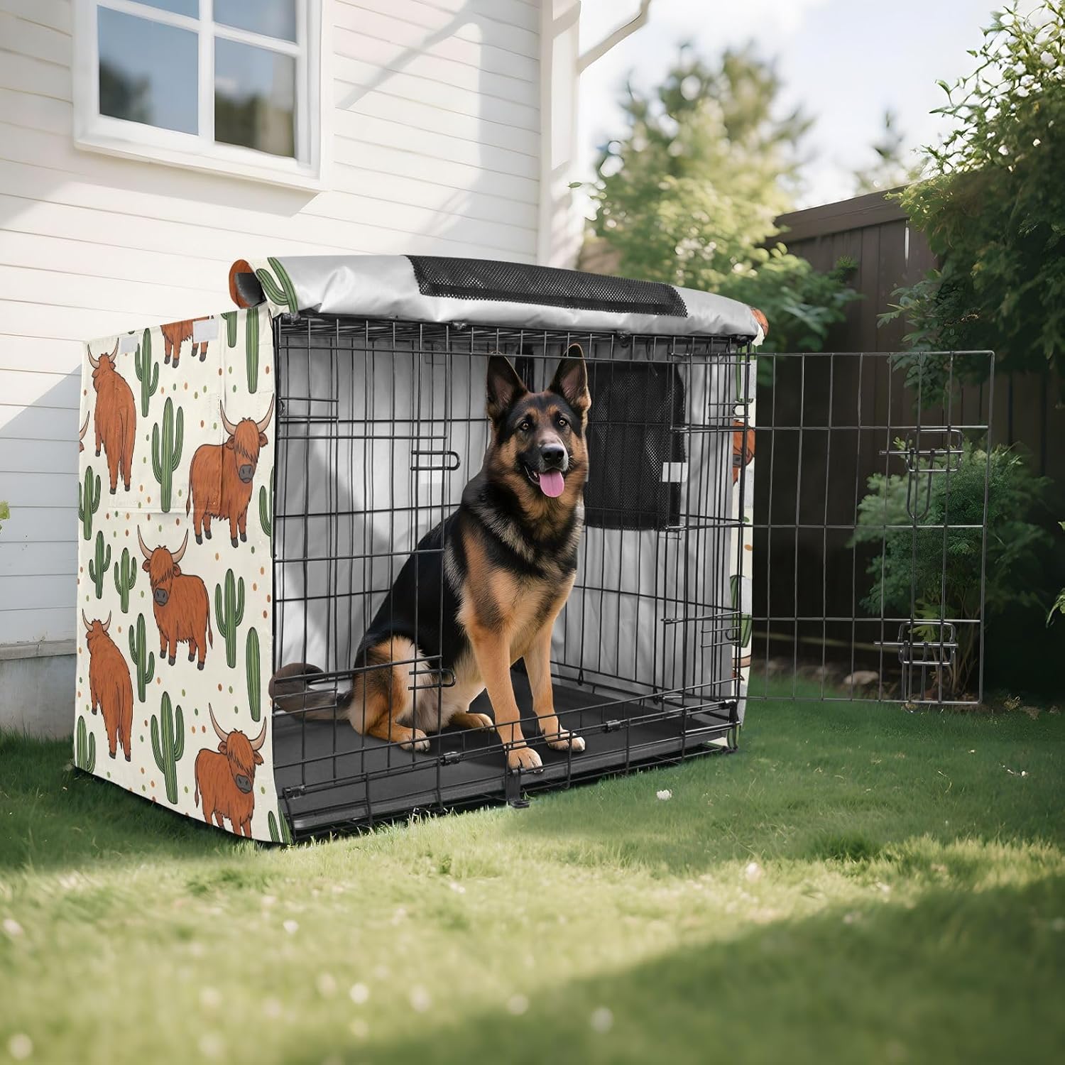 Duty 600D Silver Coated Dog Crate Cover, Water-Resistant Highland Cow Pet Kennel Canopy with Mesh Windows for Optimal Ventilation, Universal Fit for Standard Wire Cage, Indoor & Travel
