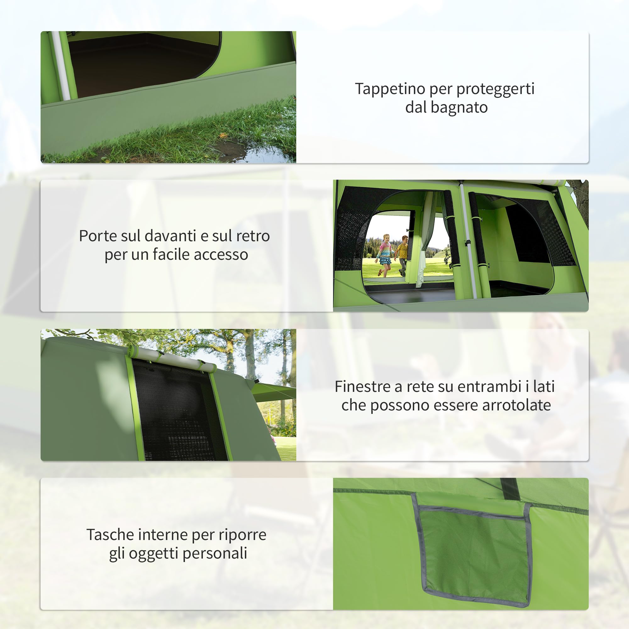 Outsunny Tenda da Campeggio a Tunnel 4 Persone 2 Stanze Impermeabile 3000mm 405x305x225cm Verde