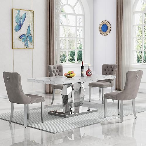 Miniatura 12 de Juego de 5 mesas de comedor de mármol sintético, juego de mesa de cocina y comedor para 4, mesa de comedor rectangular blanca de 70 pulgadas con