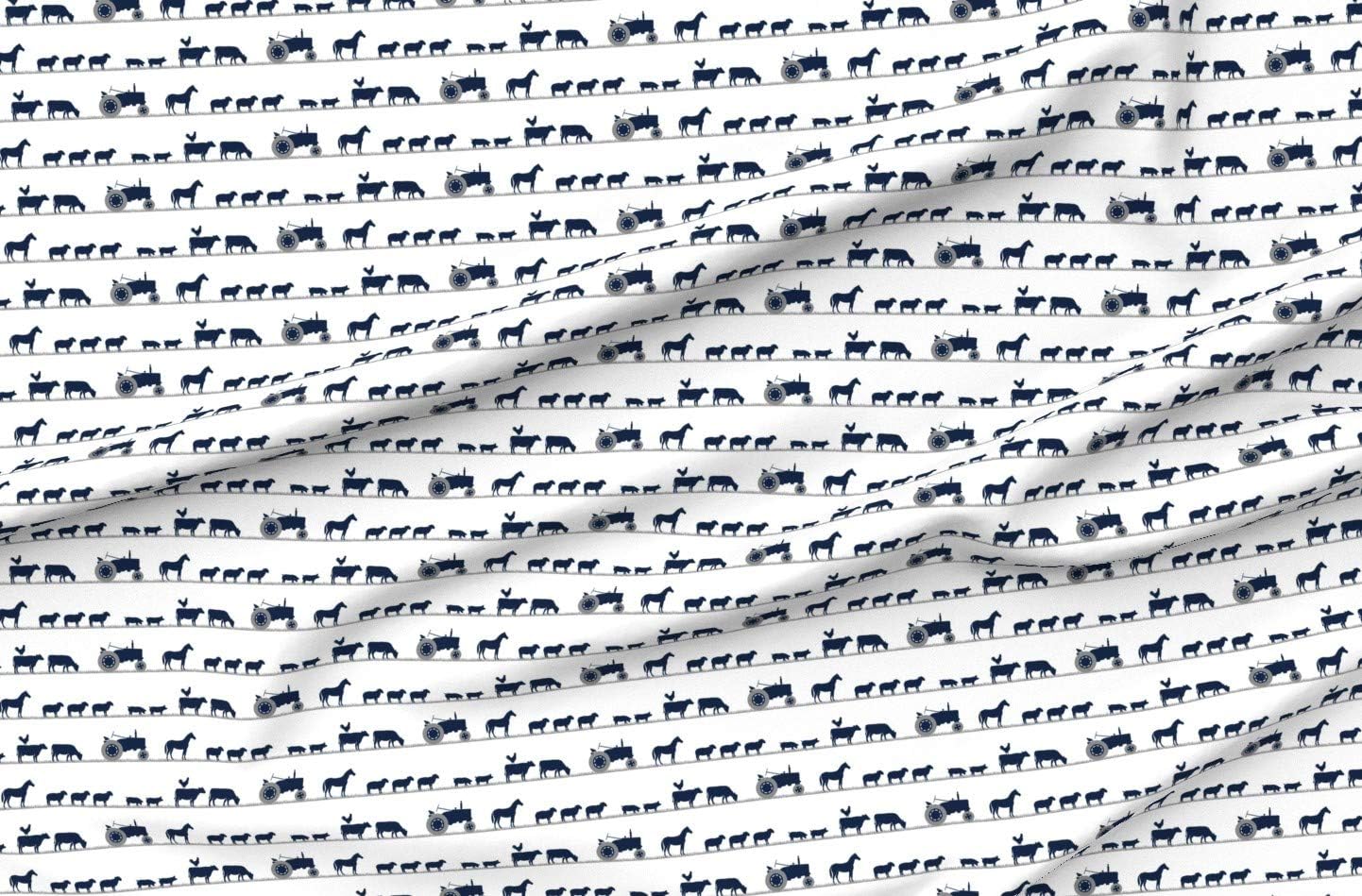 Spoonflower Fabric - Farm Animals Parade Dusty Blue Navy Tractor Nursery Boy Cow Pig Printed on Organic Cotton Sateen Fabric by The Yard - Sewing Quilting Apparel Home Decor