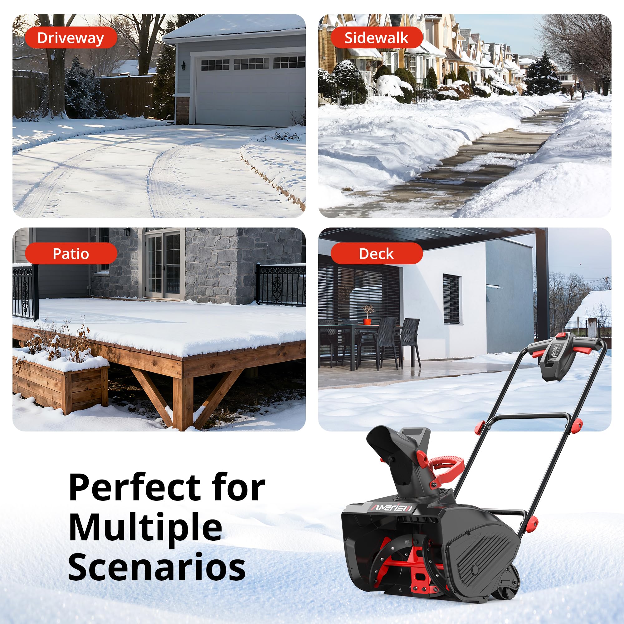 AMERISUN Spazzaneve elettrico da 45,7 cm, lancianeve con filo da 15 Amp con distanza di lancio di 9 m, facile avvio in due fasi, strumento leggero per la rimozione della neve per vialetto, passerella