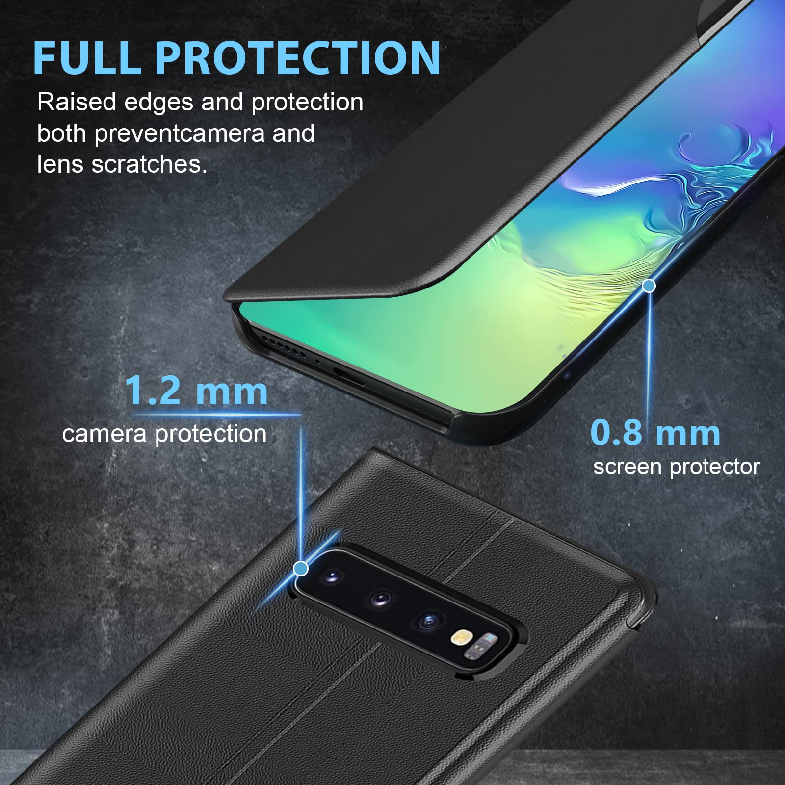 Carcasa para Samsung Galaxy S10 Plus de piel magnética Clear View Funda con tapa para Galaxy S10 Plus, carcasa 360 antigolpes, antiarañazos, función atril para Samsung S10 Plus, color negro