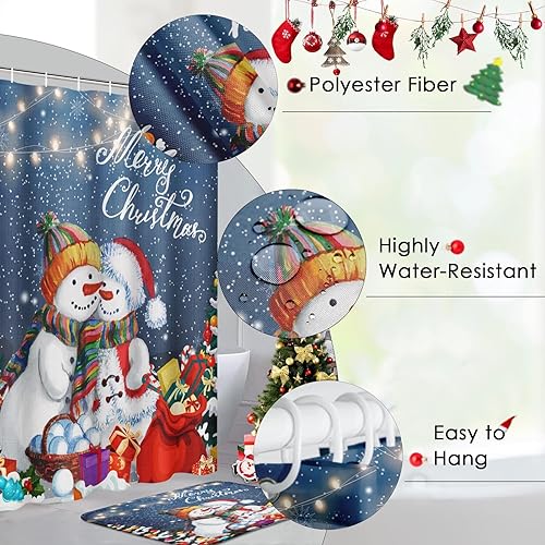 Miniatura 6 de Bonitos juegos de baño de muñeco de nieve con cortina de ducha y alfombras y accesorios, juego de cortinas de ducha de árbol de Navidad, bolas rojas