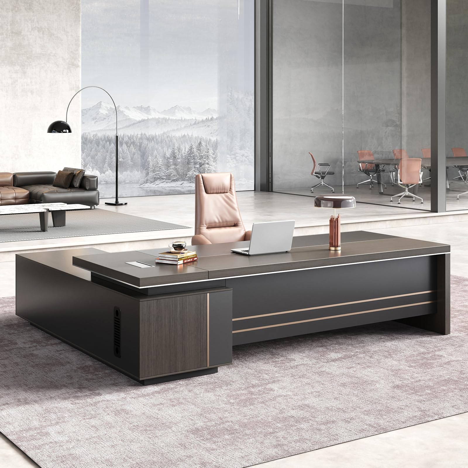 - 71 Inch Reversible L Shaped Executive Desk with Cable Box, Locking Drawers, Privacy Panel & Storage Shelves, Modern Two-Tone Office Desk, Obsidian Gray & Mocha Walnut