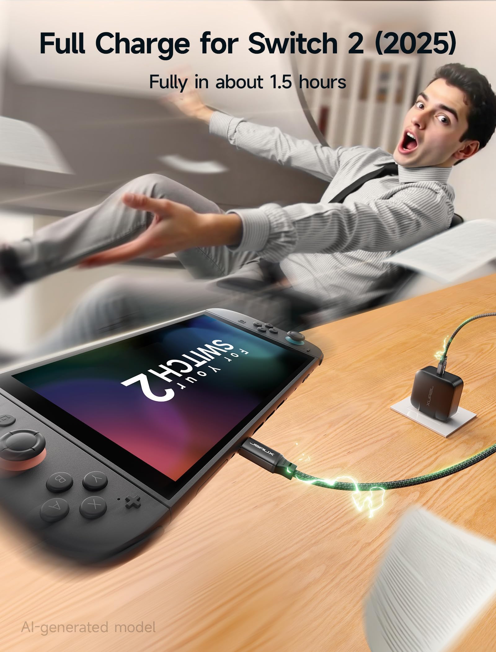 JSAUX Ładowarka USB C 65 W, kompatybilny z Nintendo Switch 2, ROG Ally, Steam Deck, tabletami i laptopami. Szybka ładowarka ścienna PD 65 W z 2-metrowym kablem USB C, wtyczka EU i UK