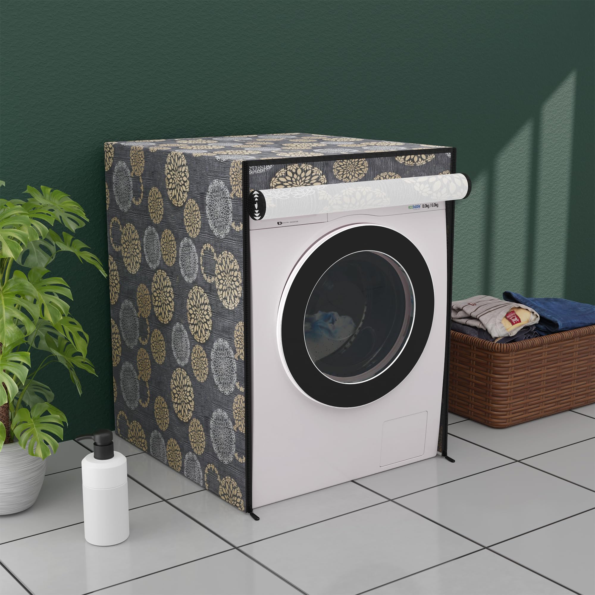 Kuber Industries Dustproof IFB Front Load Washing Machine Cover 6 Kg/6.5 Kg/7 Kg/7.5 Kg with Zip | Washing Machine Cover Front Load with Cut-Out Space for Wire/Pipe | Black Golden Gola