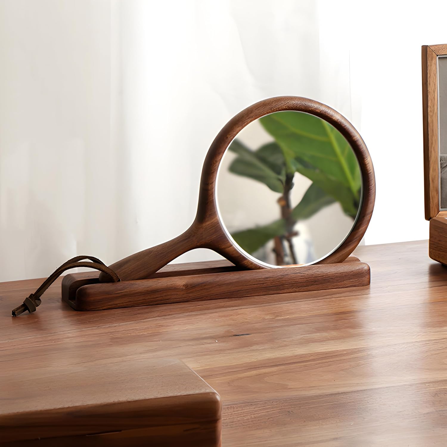 GMZ&KEHC Handheld Mirror with Base, Wood Barber Hairdressing Handheld Mirror, Makeup Hand Vintage Mirror, Portable Compact Vanity Hanging Mirrors for Salon,Brown