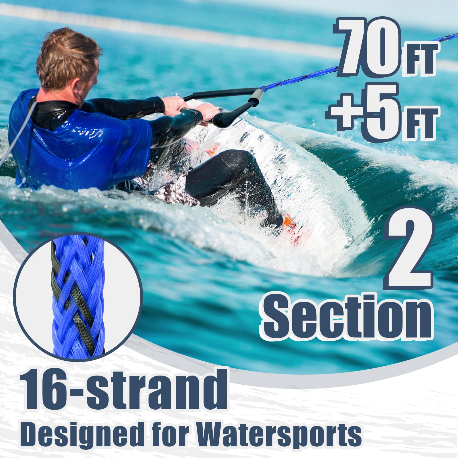 Cuerda de wakeboard de 75 pies con asa para wakeboard, esquí acuático y wakesurf