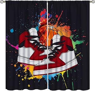 Graffiti Basketball Shoes Curtains, Modern Retro Colorful Graffiti Art Basketball Sneakers Black Background Print Rod Pocket Window Treatments Drapes for Boys Teens Bedroom Living Room 42x45in