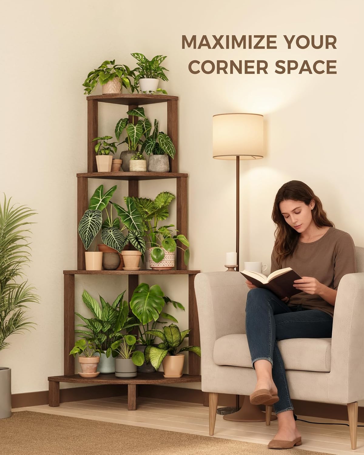 Bamworld Corner Plant Shelf 4-Tier Plant Stand Indoor Wood Plant Rack 66 Inch Tall Shelves Garden Decor for Living Room Balcony