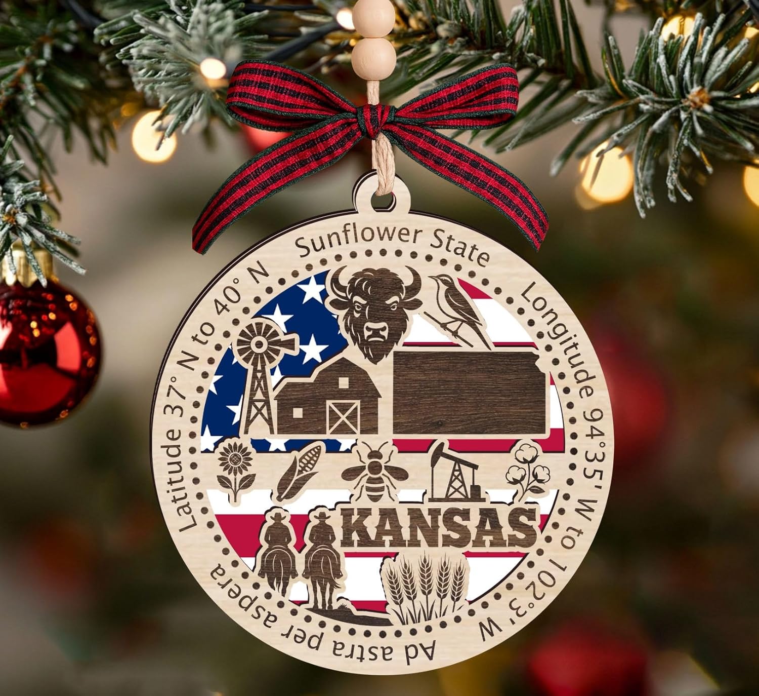 Kansas State Wooden Ornament - States Christmas Ornaments - Ks State - Moving to Kansas Gift - First Christmas to Ks - 2 Layer Ornament Wooden 4Inch - Image 2