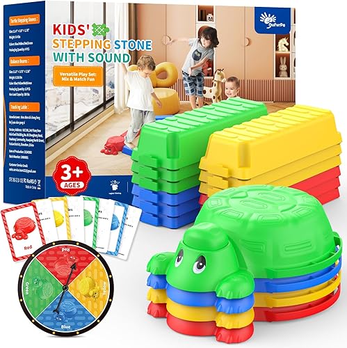 16 piezas de haz de equilibrio y escalones para niños, 4 escalones en forma de tortuga y 12 haces conectables con función de sonido, girador de