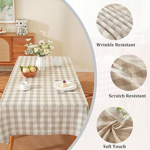 Miniatura 2 de Alsoo Mantel rectangular lavable a cuadros de algodón y lino a cuadros para picnic, cocina, comedor, beige y blanco, 60 x 75 pulgadas