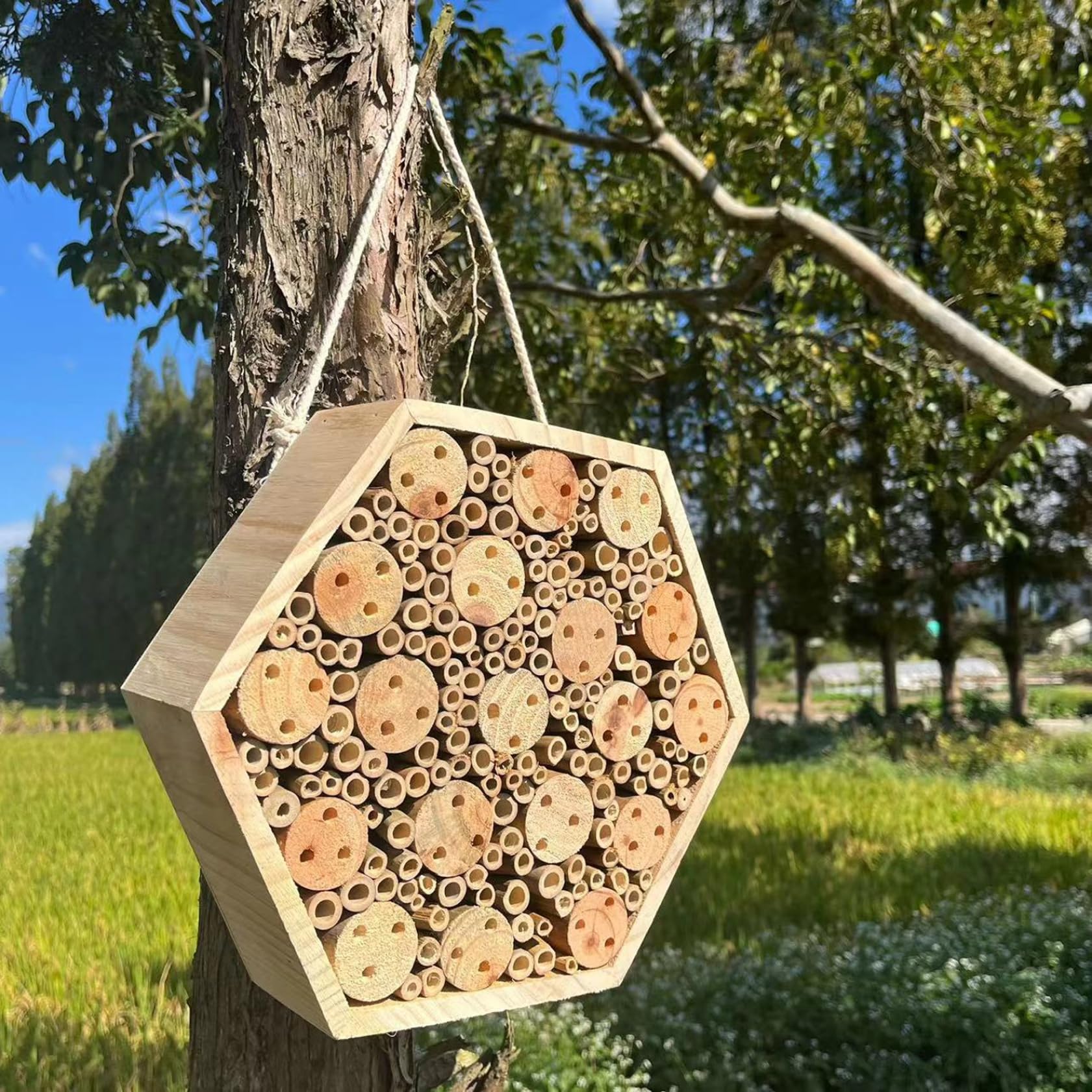 Casetta esagonale in legno per muratrici da giardino - Hotel naturale con corda per appenderla casetta per muratrici da esterno per attirare gli impollinatori hotel per insetti da giardino