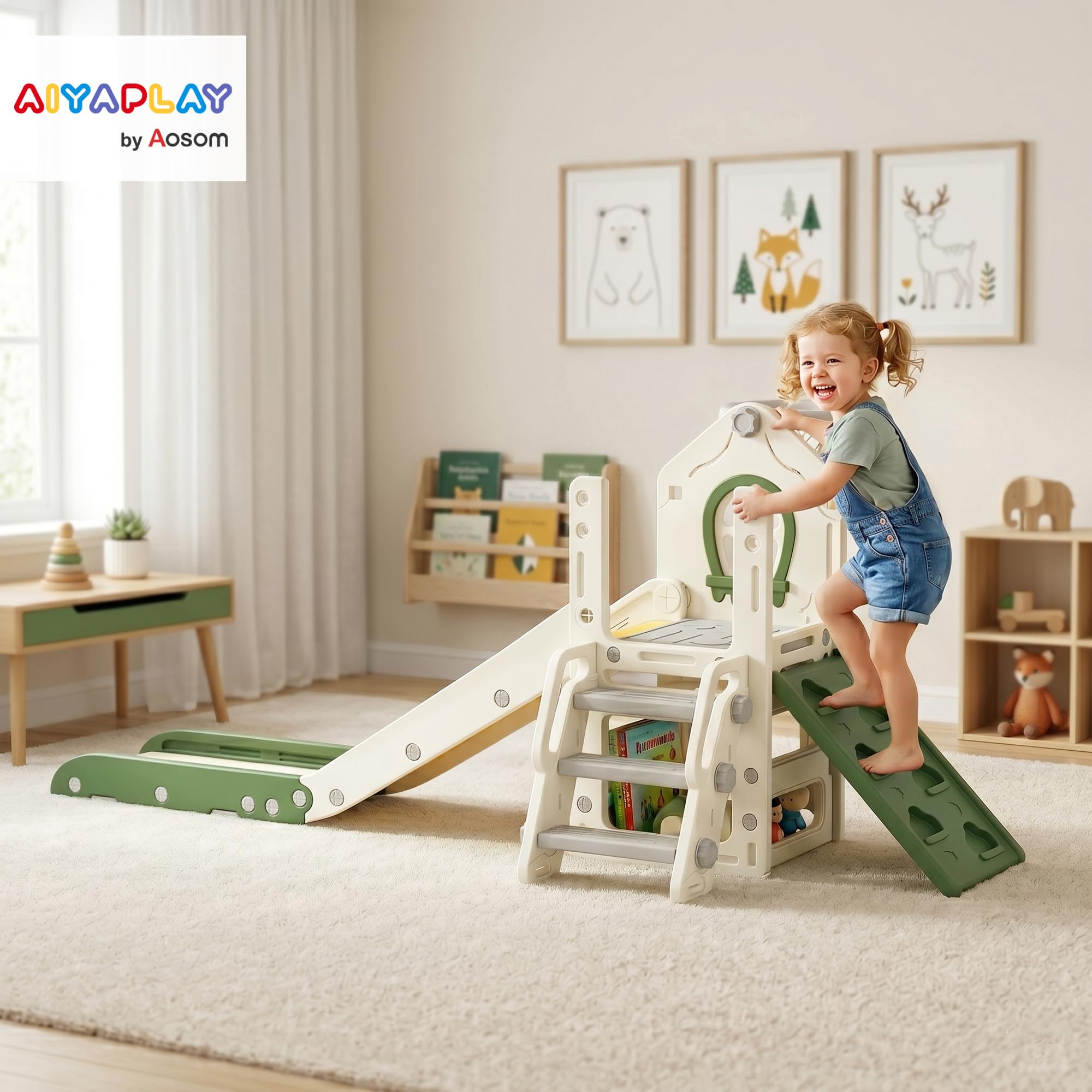 AIYAPLAY Tobogán plegable 4 en 1 para niños con elemento de escalada, canasta de baloncesto, espacio de almacenamiento y baloncesto, parque infantil para niños de 1 a 3 años, color blanco crema
