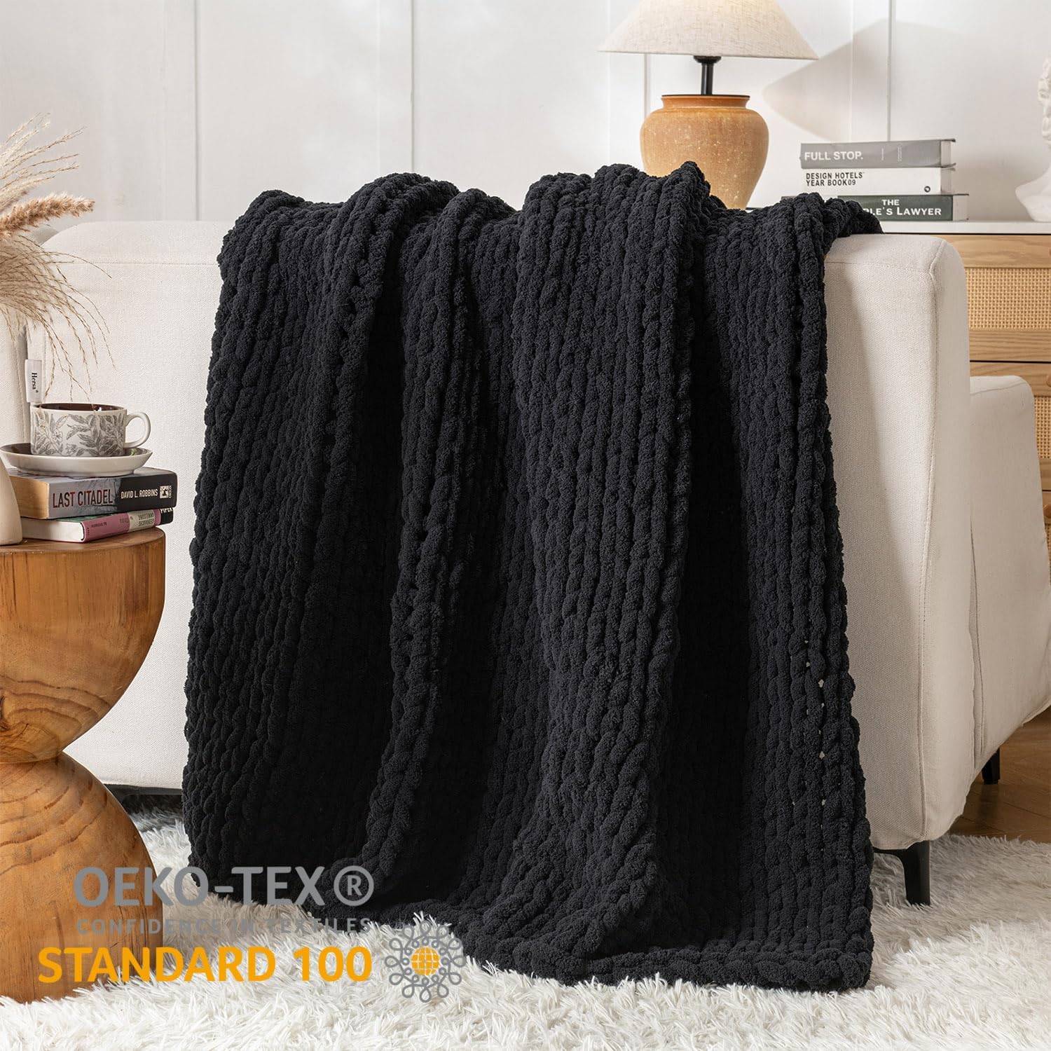 Chunky Knit Blanket Throw, 100% Hand Knit Throw Blanket Handmade Chenille Cable Knit Throw for Couch, Stylish Cozy Soft Rope Knot Crochet Blanket for Home Decor, Black, 50x60 Inches - Image 3