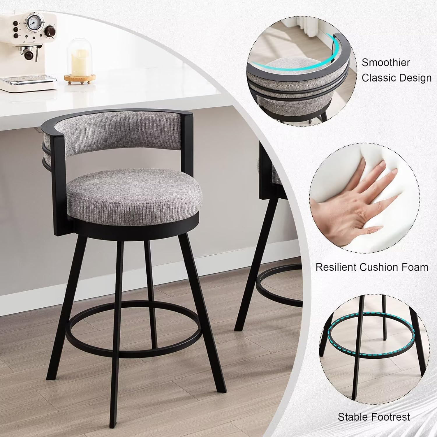 Flouki Swivel Counter Height Bar Stools Set of 2, Upholstered 26.6" Modern Counter Stools with Arms, Linen Barstools with Back and Metal Base for Kitchen Island, Dining Room, Grey Linen Fabric