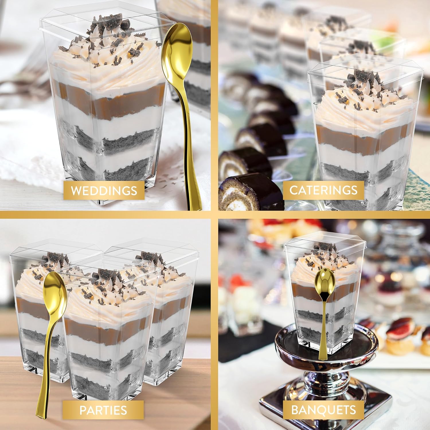 100 Pack 3 oz Mini Dessert Cups with Lids and Spoons (Gold Spoons) - Plastic Shooter Appetizer Parfait Cups with Lids Reusable - BPA Free Catering Supplies for Party - Dessert Bowls (GOLD SPOONS)