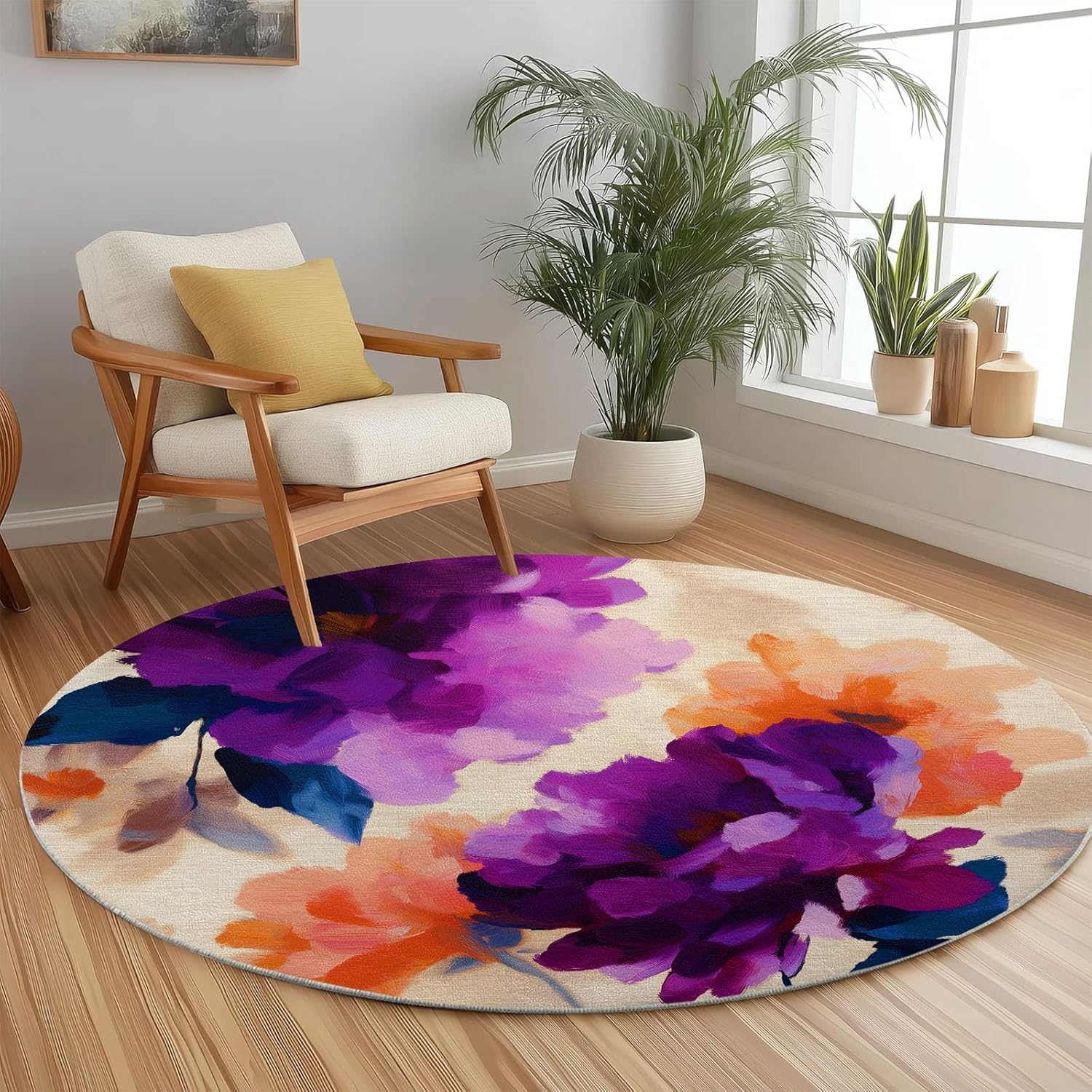 Round Rug 2 ft Retro Plants and Flowers Washable Circle Rugs Cream, Non-Slip Soft Round Carpet for Bedroom Bathroom Entryway Kids Room Office College Dorm
