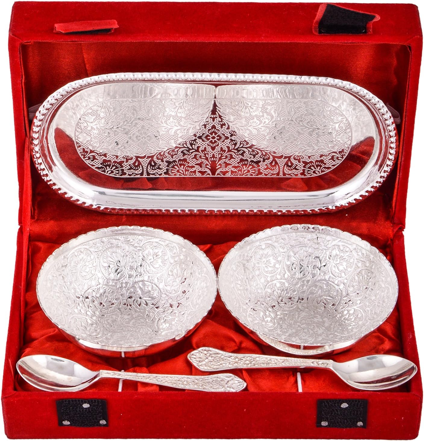 HHI German Silver Brass Floral Two Bowl with Two Spoon and with Single Tray with Beautiful Velvet Box Packing for Dry Fruit, Chocolate, Sweet, HomeDecor