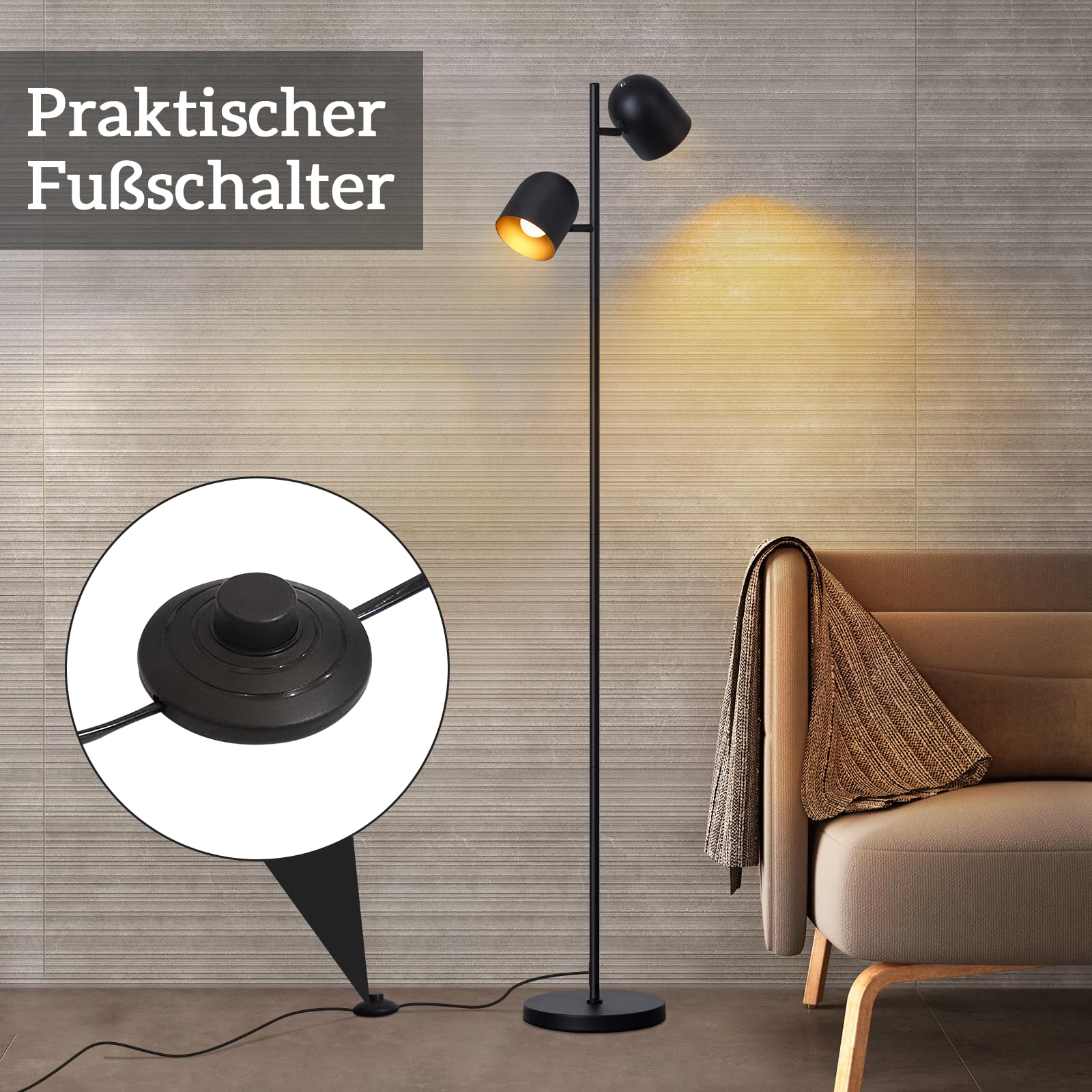 Stehlampe Vintage Wohnzimmer Stehleuchte retro: Industrial Standleuchte 2 Flammig in Schwarz Gold Standlampe aus Metall E14 Schwenkbar 350° Leselampe für Schlafzimmer - Ohne Leuchtmittel