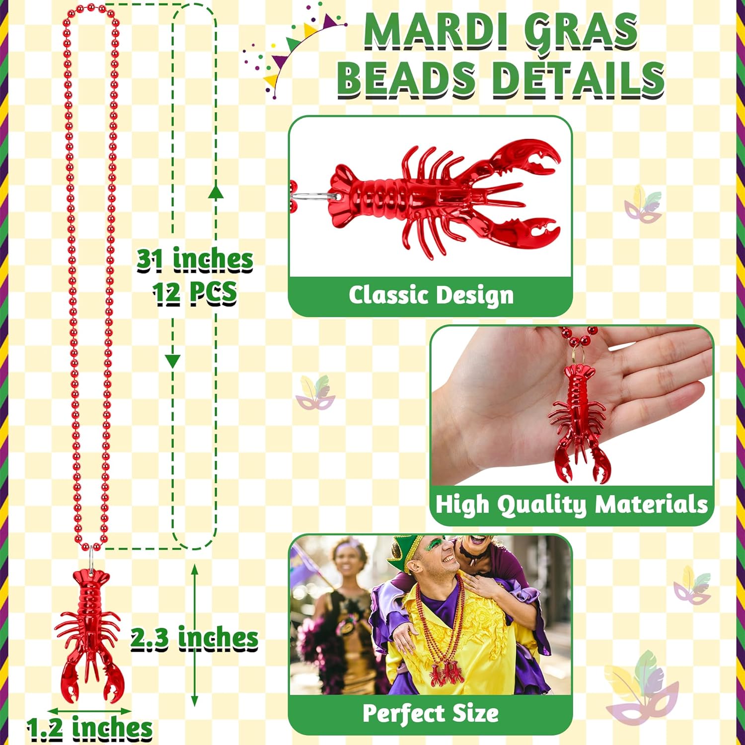 24PCS Mardi Gras Beads Necklace, Lobster Pendant Mardi Gras Accessories, Mardi Gras Lobster Element Pendant Beads Bulks, Mardi Gras Necklace Carnivals Celebration Parade Throws Party Favor Supplies - Image 2