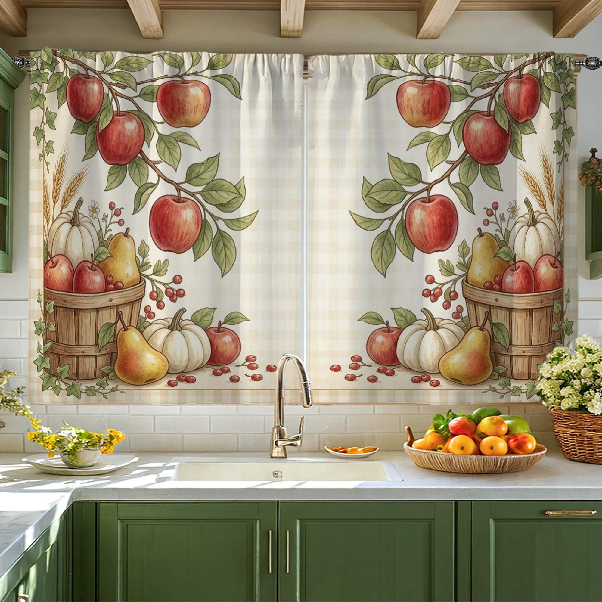 Rideaux de cuisine rustiques aux citrouilles d'automne pour habiller votre fenêtre d'évier