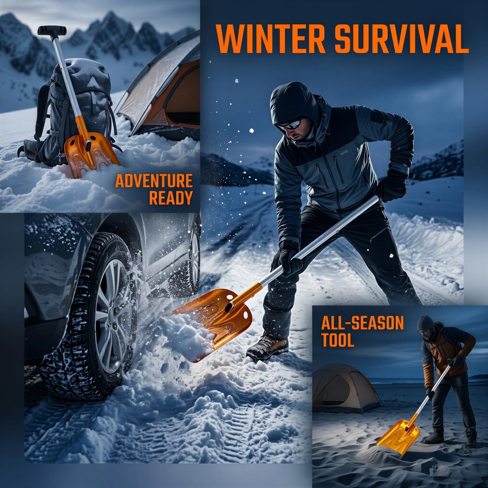 Schneeschaufel für den Notfall, 25,6 Zoll Teleskop-Aluminiumschneeräumer mit 8,7 Zoll breitem Schaufelblatt, leicht und tragbar für Auto, Camping, Sand und Winterausrüstung, orange D-Griff