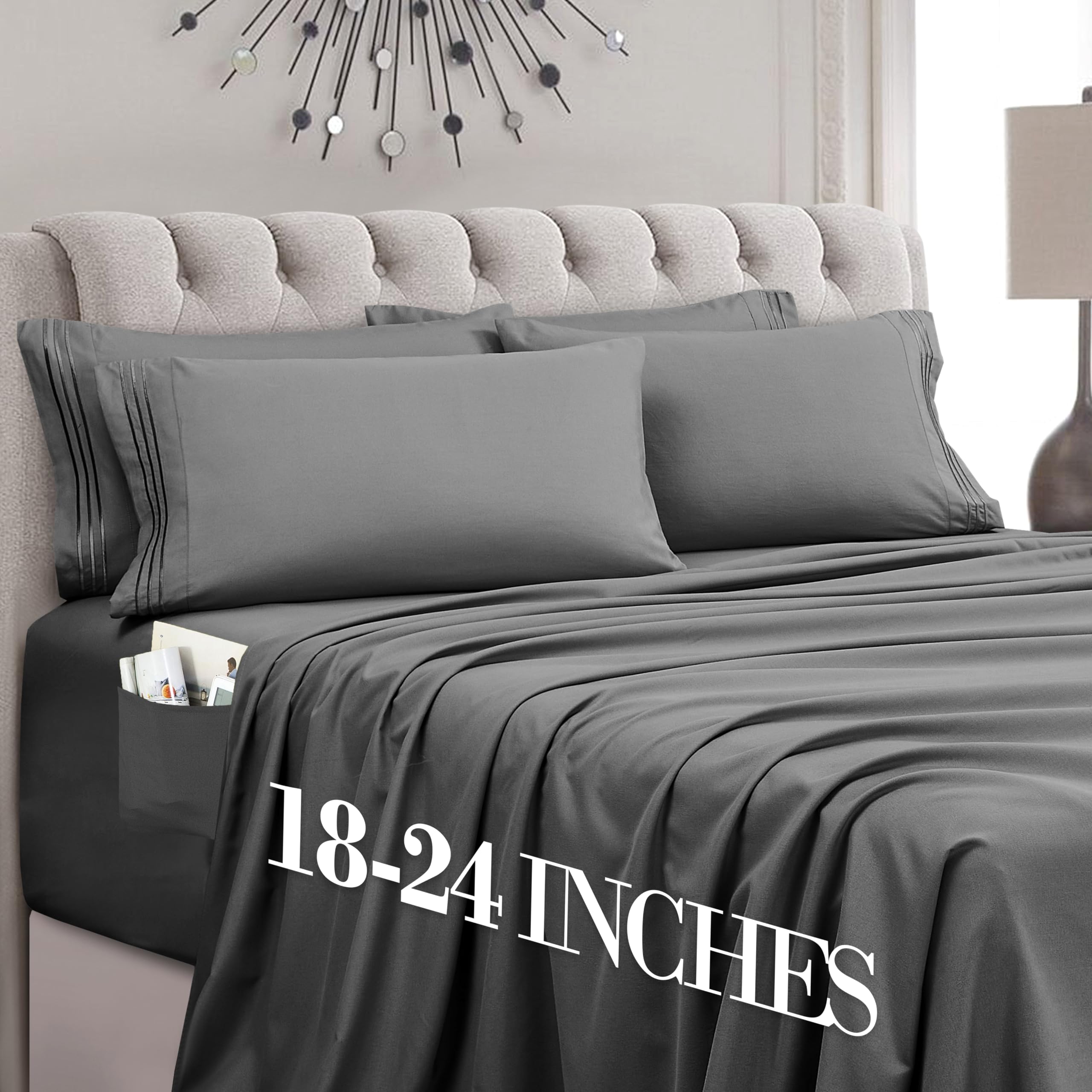 Mocassi Luxury 6-Piece Sheet Set, Ultra Soft 1800 Premium Hotel Quality Microfiber Sheet Set, Fits Mattresses Up to 18 to 24 Inches Extra Deep Pocket - Breathable and Secure Fit, King, Gray