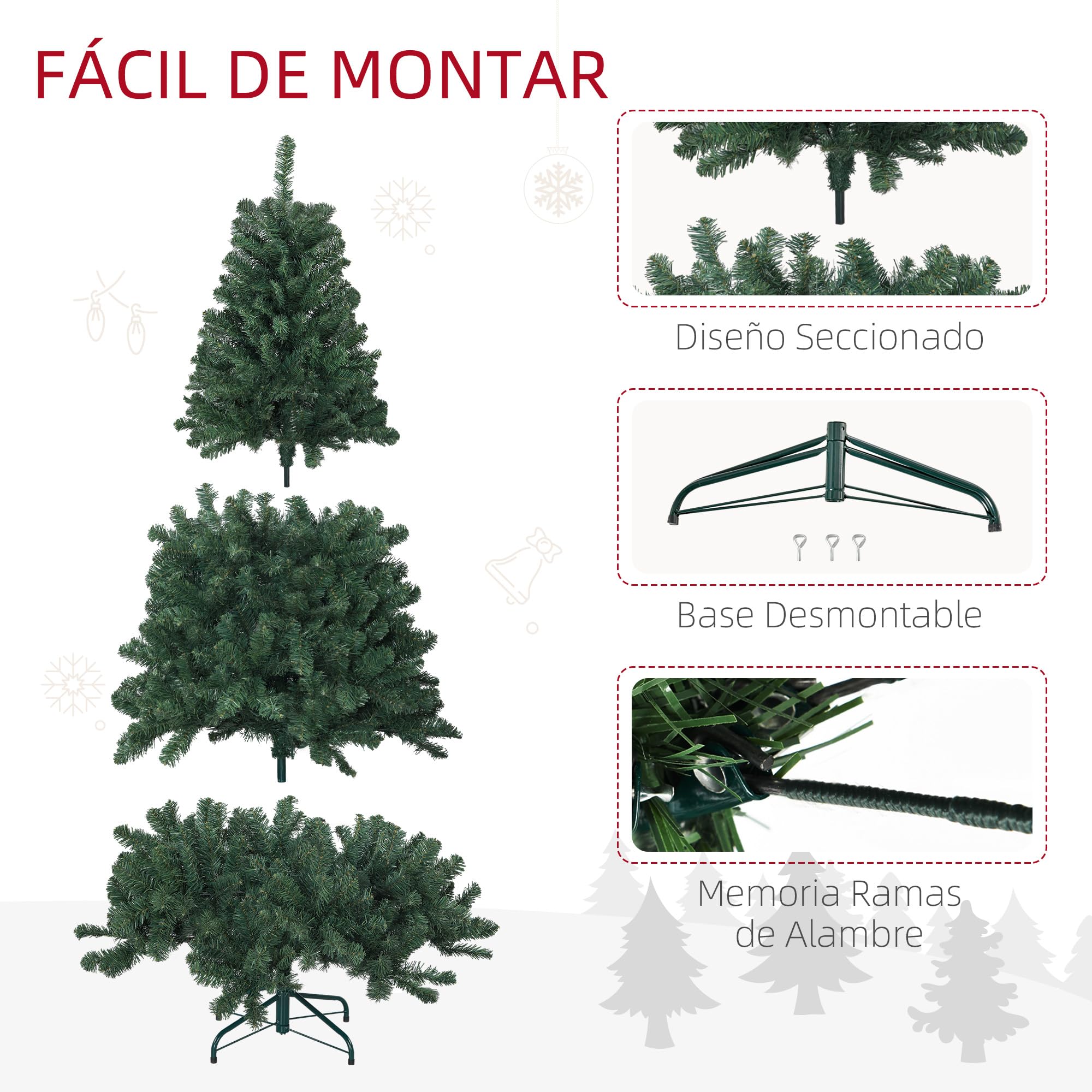 HOMCOM Árbol de Navidad 180 cm Artificial 760 Ramas Base Plegable Verde | Ramas de Alambre de Memoria, Árbol de Navideño para Salón