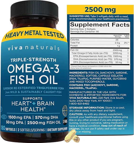 Triple Strength Omega 3 Fish Oil Supplement for Men and Women – 2500 mg High-Potency, Easy-to-Absorb Re-esterified Triglyceride Form, Pescatarian-Friendly DPA EPA DHA Omega 3 Supplement, 180 Softgels